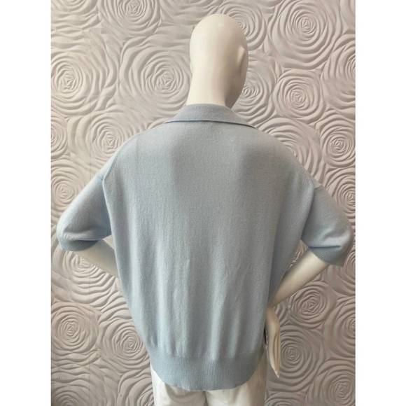 NEW WHITE + WARREN cashmere elbow sleeve polo sweater in calm water - Picture 3 of 3